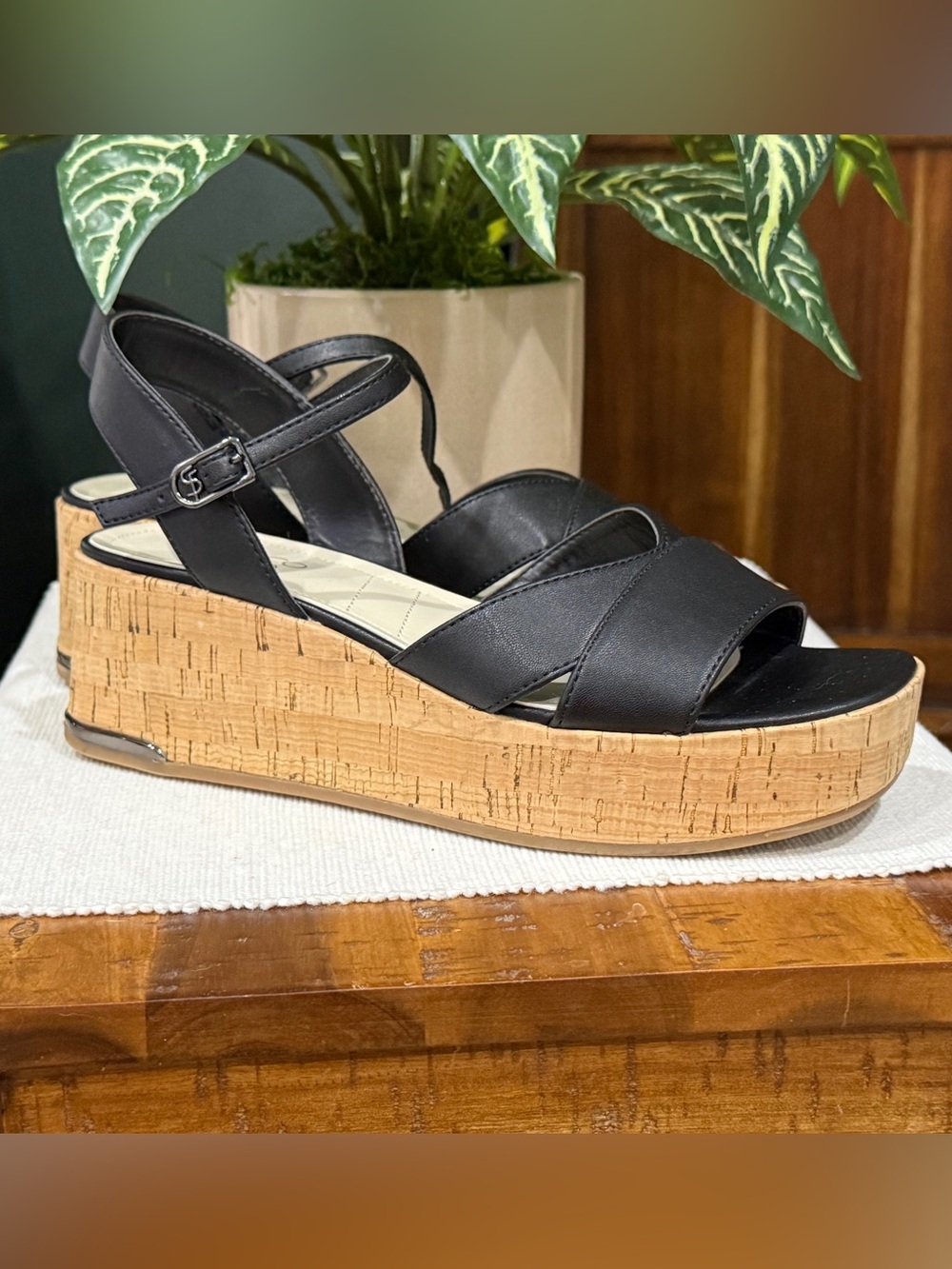 Franco Sarto Wedge Sandals - Black Cork Platform Size 7.5 Like New
